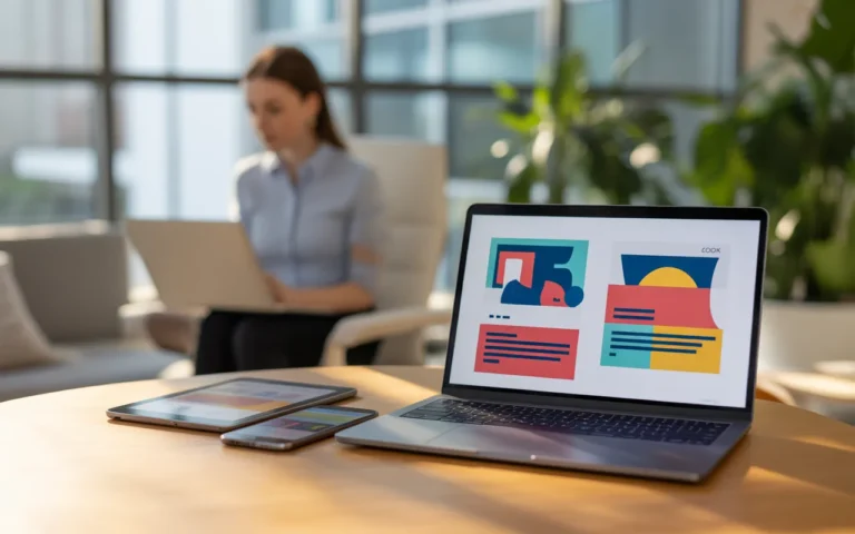 Vignette photo-réaliste d’un bureau moderne en open-space avec ordinateur portable, smartphone et tablette affichant des interfaces de site internet entreprise orientées visibilité Google en 2025, écrans nets au premier plan et jeune professionnel flou en arrière-plan dans une lumière naturelle mettant en scène la croissance digitale.