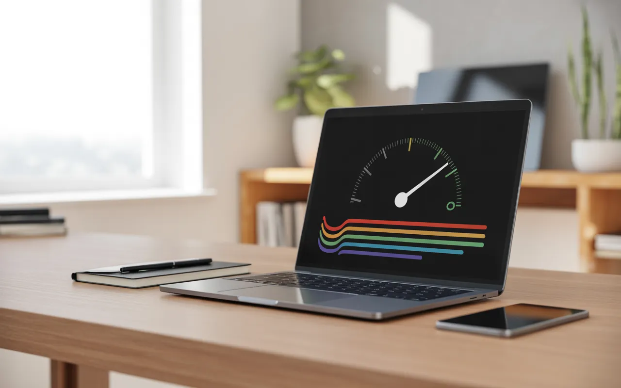 Ordinateur portable moderne sur un bureau en bois clair, écran affichant un grand compteur de vitesse et des graphes de performance abstraits symbolisant la vitesse site internet, avec fond de bureau contemporain flou et lumière naturelle douce.