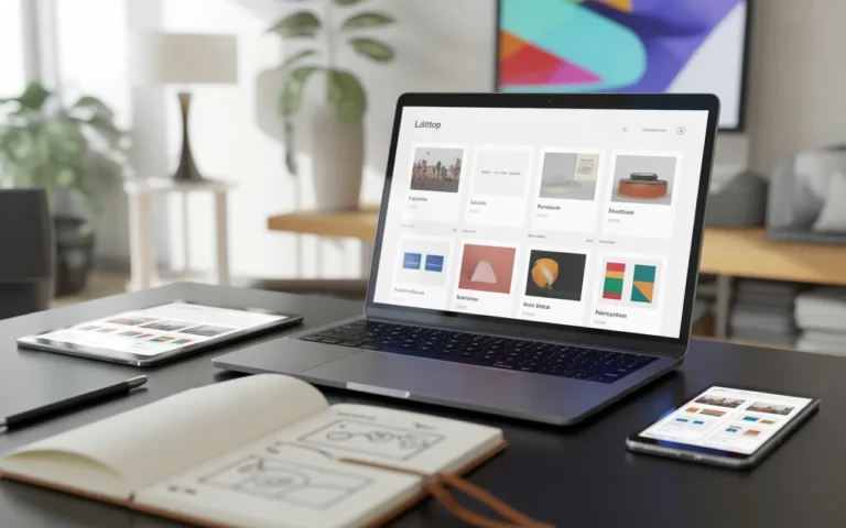 Bureau de web designer moderne avec laptop, smartphone et tablette affichant un site web catalogue en grille de produits sans texte, mains au clavier, tablette graphique, carnet de wireframes flouté au premier plan et arrière‑plan de bureau lumineux minimaliste.