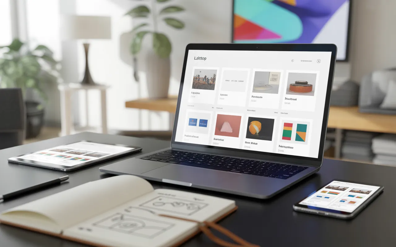 Bureau de web designer moderne avec laptop, smartphone et tablette affichant un site web catalogue en grille de produits sans texte, mains au clavier, tablette graphique, carnet de wireframes flouté au premier plan et arrière‑plan de bureau lumineux minimaliste.